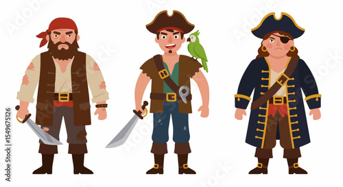 Pirate characters in various costumes and poses.  Three pirates with different outfits and accessories including swords and a parrot. Illustration of diverse pirates perfect for children's books,