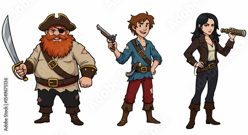 Cartoon pirate crew includes captain, young pirate boy, and female pirate.  Pirate characters are perfect for game design, children's book illustrations, or themed party invitations.