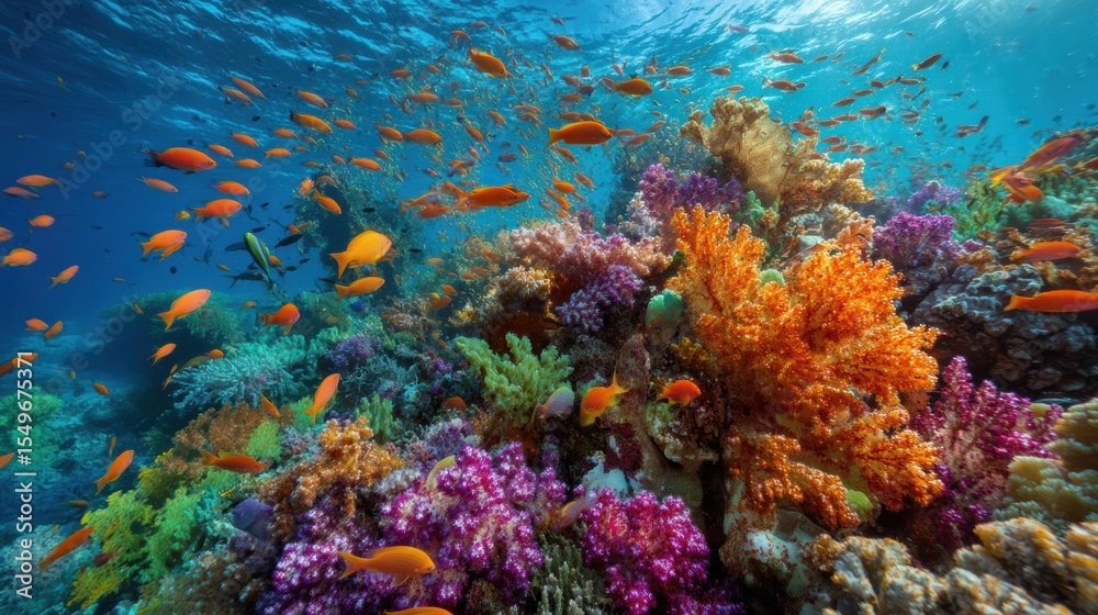 Fototapeta premium Vibrant coral reef teeming with fish underwater