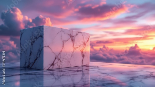 White Marble Cube Reflecting the Colorful Sky Over the Calm Water