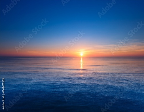 minimalist sunrise over calm ocean with pink orange hues blending into blue sky background