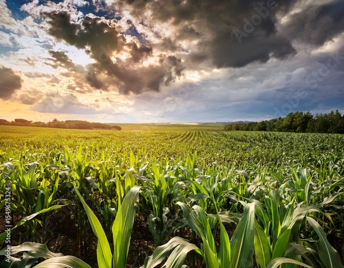 vibrant cornfield under cloudy sky