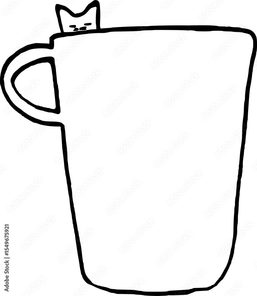 Fototapeta premium Minimalist hand-drawn illustration of a typical office coffee mug featuring a simple cat peeking over the rim