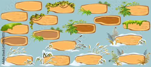Cartoon game panels with swamp moss, forest lichen, liana branches, jungle leaves, ivy. Marsh reed under snow. Swamp cattails, fern winter. Broken weed and snowdrifts. Vector signboards, frames.