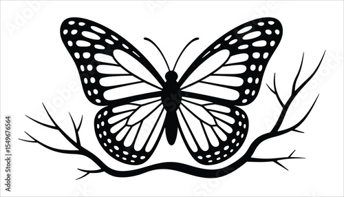 Butterfly Silhouette on Branch Vector, Insect Nature Design


