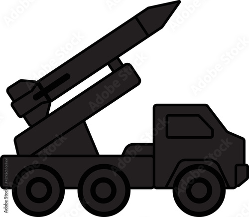 Black Silhouette of Missile Launcher Truck, Monochrome Military Rocket Vehicle Icon, Simple Dark Truck with Missile Launcher Shape, Solid Black Graphic of Mobile Missile System.