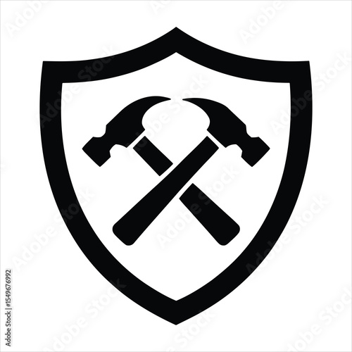 Construction Logo with Crossed Hammers and Shield Vector Icon