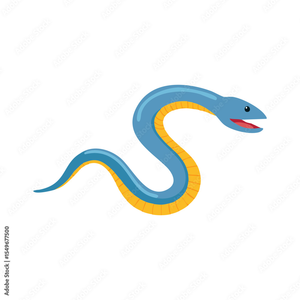 Fototapeta premium A cartoon snake in blue and yellow with an open mouth, expressing curiosity or excitement. The simple design and bright colors make this a cheerful depiction