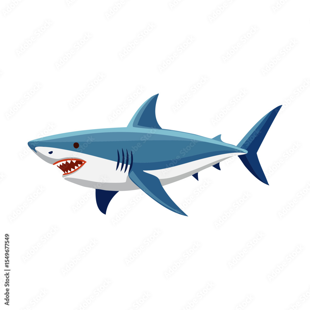 Fototapeta premium A fierce shark with sharp teeth and a blue body swimming in the ocean. The shark appears menacing and ready to hunt