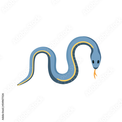 A colorful snake in a sleek pose against a plain background. The snake has a blue body with yellow markings and a small orange tongue