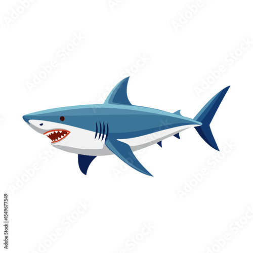 A fierce shark with sharp teeth and a blue body swimming in the ocean. The shark appears menacing and ready to hunt