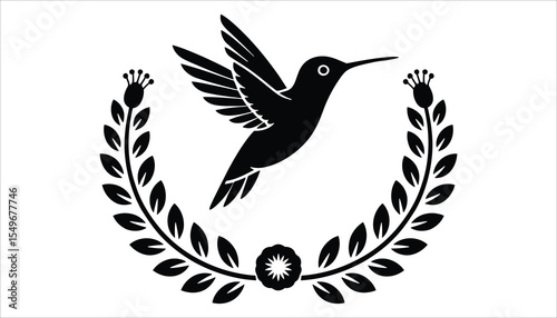 Hummingbird Silhouette with Laurel Wreath Vector on White Background

