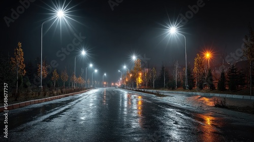 Night street lights on a wet road: street at night with lamps on, shining on the wet road after the rain.