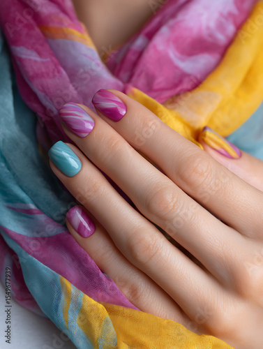 Close-up of a hand with bright summer nail art in pink, orange, and yellow hues against a colorful scarf – vibrant manicure inspiration