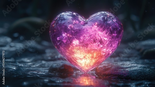 Glowing, iridescent heart resting on a rocky surface.