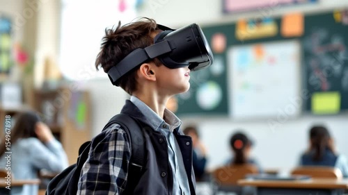 A student interacts with virtual reality VR technology in the classroom