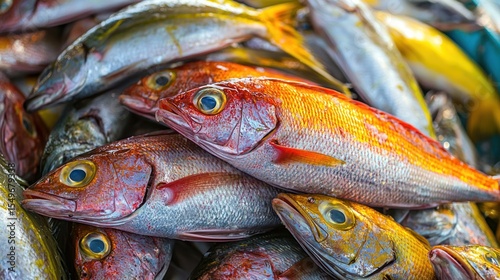 A colorful pile of fresh fish with vibrant colors and textures, placed on a market stall with other fish in the background.