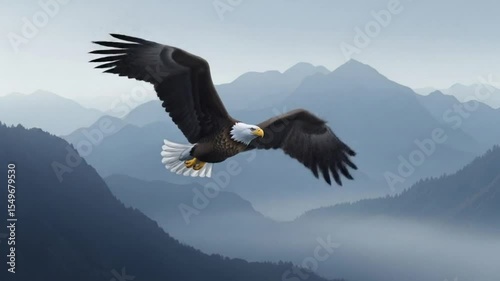 Majestic bald eagle soaring above misty mountain peaks.