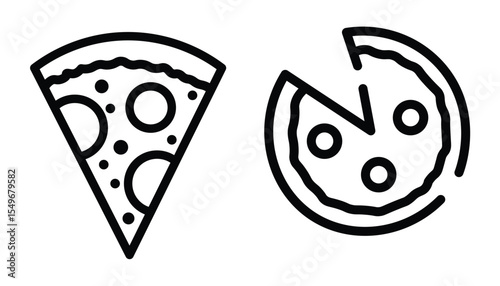 Pizza icon vector set. Pizza slice line icon. Pizza with one slice separated linear icon. Fast food symbol. Editable stroke. Vecto
