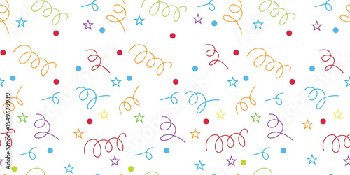 Memphis geometric seamless pattern. Multicolor abstract background in retro 80s, 90s style with various shapes: circles, semicircles, dots, zigzags, spirals, wavy lines. Cute kid doodle design