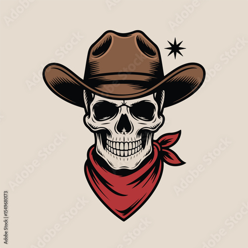 Cowboy Skull Wearing Western Hat and Bandana – Vintage Emblem Vector Illustration

