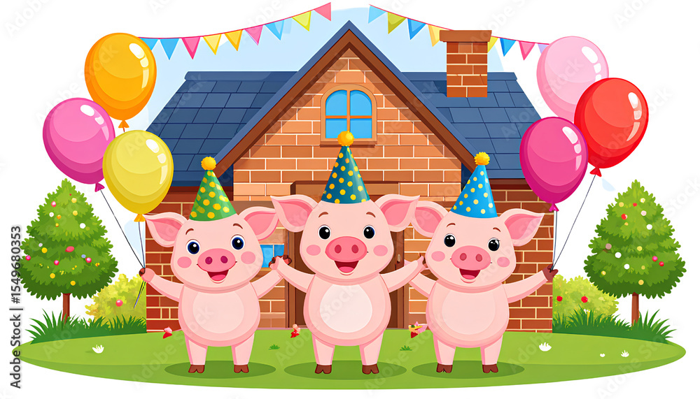 Fototapeta premium Three Joyful Pigs Celebrating by a Brick House Transparent Background PNG