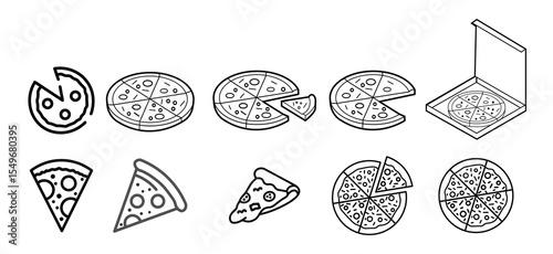 Pizza icon vector set. Pizza slice line icon. Pizza with one slice separated linear icon. Fast food symbol. Editable stroke. Vecto
