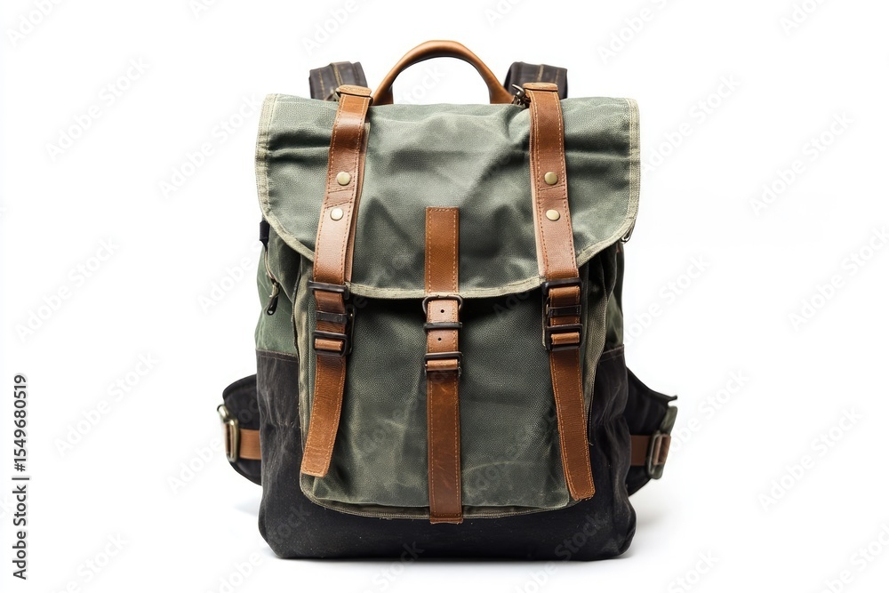 Naklejka premium Olive green canvas backpack with brown leather accents