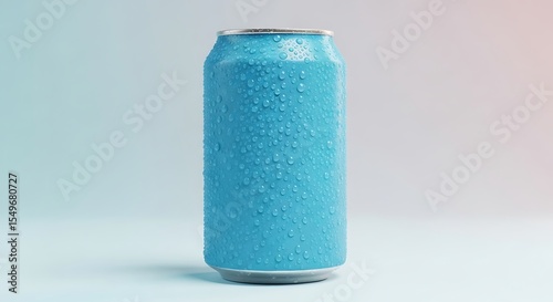 Sky Blue Soda Can Mockup with Water Droplets on Light Background