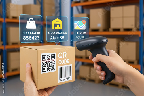 Hand holding barcode scanner scanning QR code on cardboard box, with digital icons showing product ID, stock location, and delivery route in warehouse storage environment