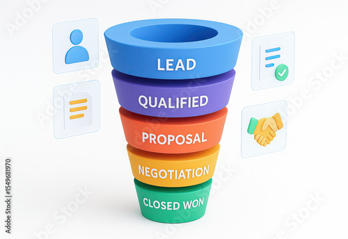 Lead, qualified, proposal, negotiation, closed won, sales funnel business marketing process, 3D illustration colorful infographic customer conversion stage pipeline opportunity deal.