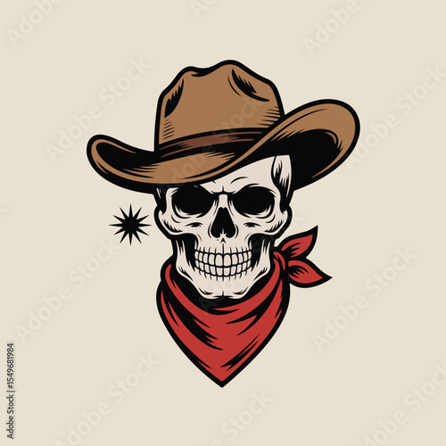 Cowboy Skull Wearing Western Hat and Bandana – Vintage Emblem Vector Illustration

