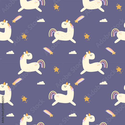 Unicorn cartoon so cute. On meteor star cloud purple background. Pattern seamless vector illustration. 