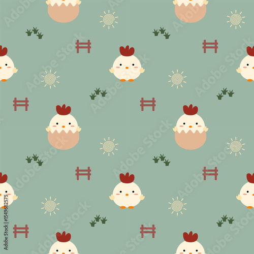 Chicken and eggshell cartoon so cute. On fence grass sun green background. Pattern seamless vector illustration. 