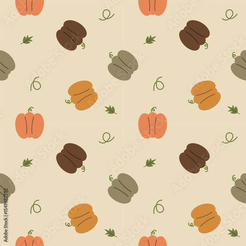 Pumpkin cartoon so cute. On leaf background. Pattern seamless vector illustration. 