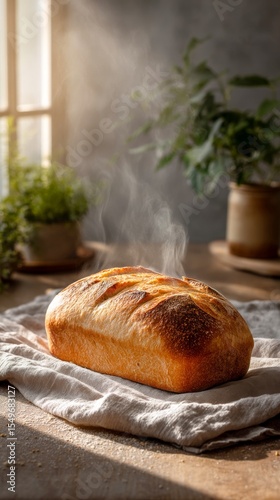 Freshly baked bread sits on a linen cloth, steam rising in a natural light-filled kitchen with greenery