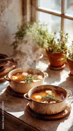 Warm stew simmers in rustic pots next to sunny window with fresh herbs