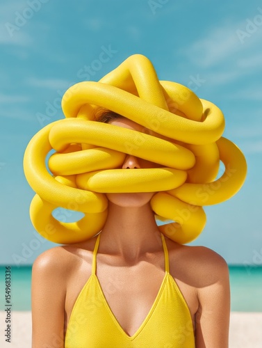 Unique fashion statement with vibrant yellow headpiece at a sunny beach location