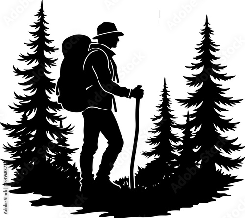 Lone Hiker in Mountain Forest Landscape Silhouette vector