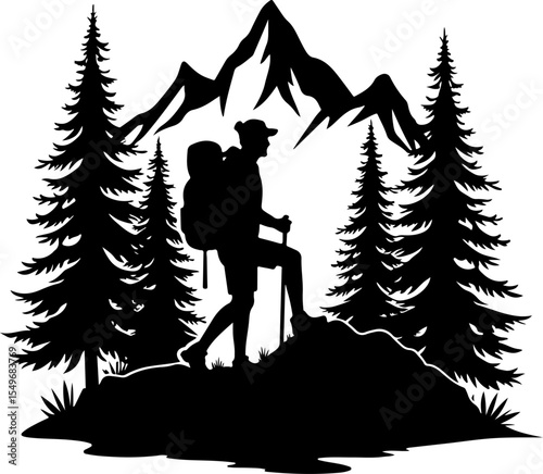 Lone Hiker in Mountain Forest Landscape Silhouette vector