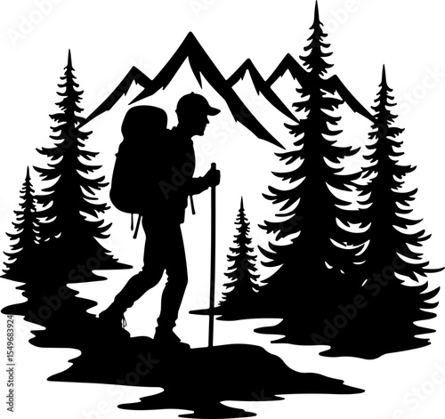 Lone Hiker in Mountain Forest Landscape Silhouette vector