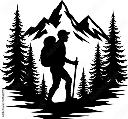 Lone Hiker in Mountain Forest Landscape Silhouette vector