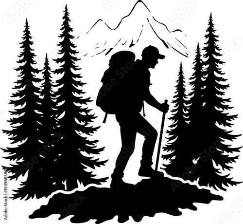 Lone Hiker in Mountain Forest Landscape Silhouette vector