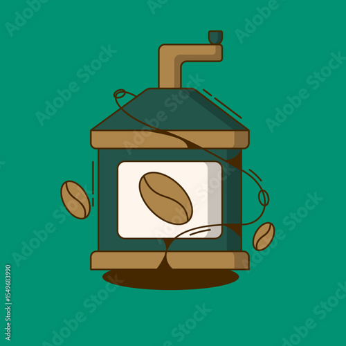 Coffee grinder: An illustration of a classic coffee grinder and scattered coffee beans, evoking the rich aroma and preparation of a perfect brew.
