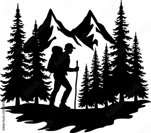 Lone Hiker in Mountain Forest Landscape Silhouette vector