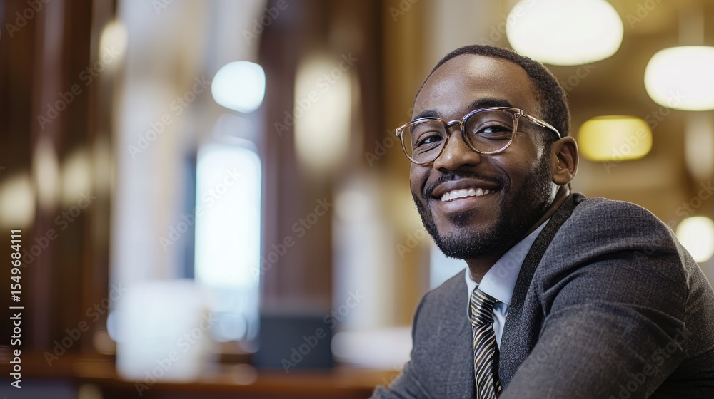 Obraz premium A smiling man in a suit and tie, seated at a table in a well-lit, modern office environment.