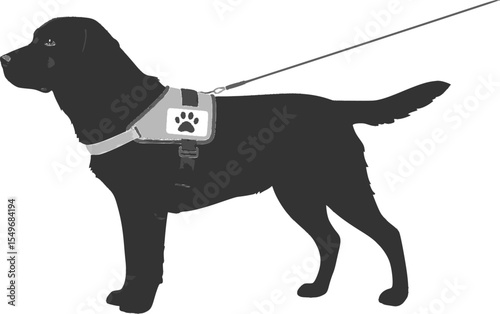 A silhouette of a black dog wearing a collar with a paw print symbol, standing, facing to the side, high contrast, black and white, vector illustration
