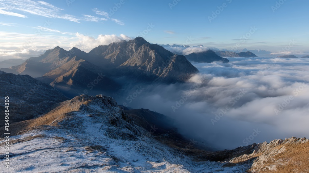 Obraz premium Rocky mountain summit view over a sea of low-lying clouds