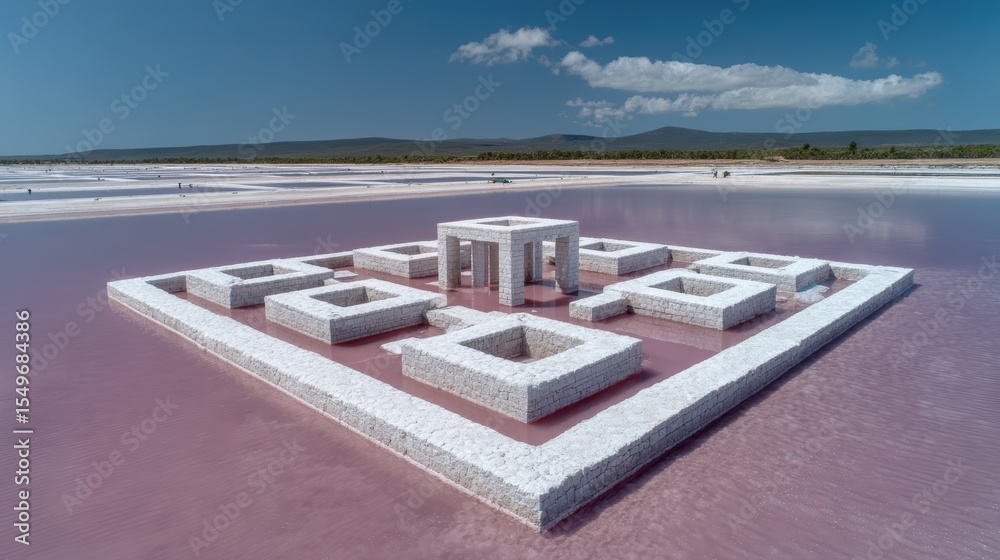 Fototapeta premium Bubblegum pink salt pond with geometric evaporative pools under sun