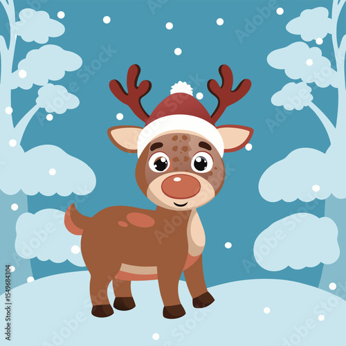 A cheerful cartoon reindeer wearing a red Christmas hat stands on a snowy landscape, surrounded by stylized winter trees.